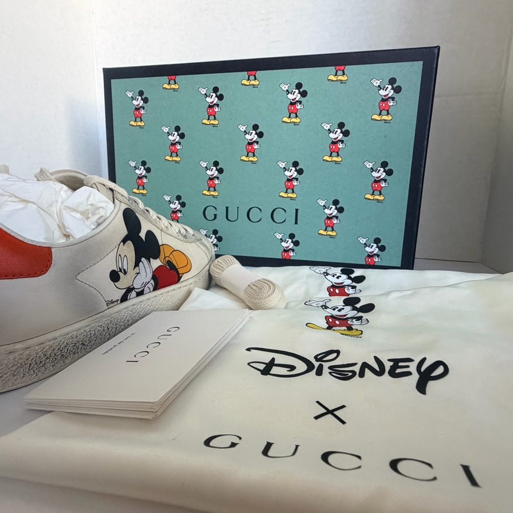 PRE - LOVED: Gucci Cream Leather Mickey Sneakers with Orange Heel - Picture 11 of 13